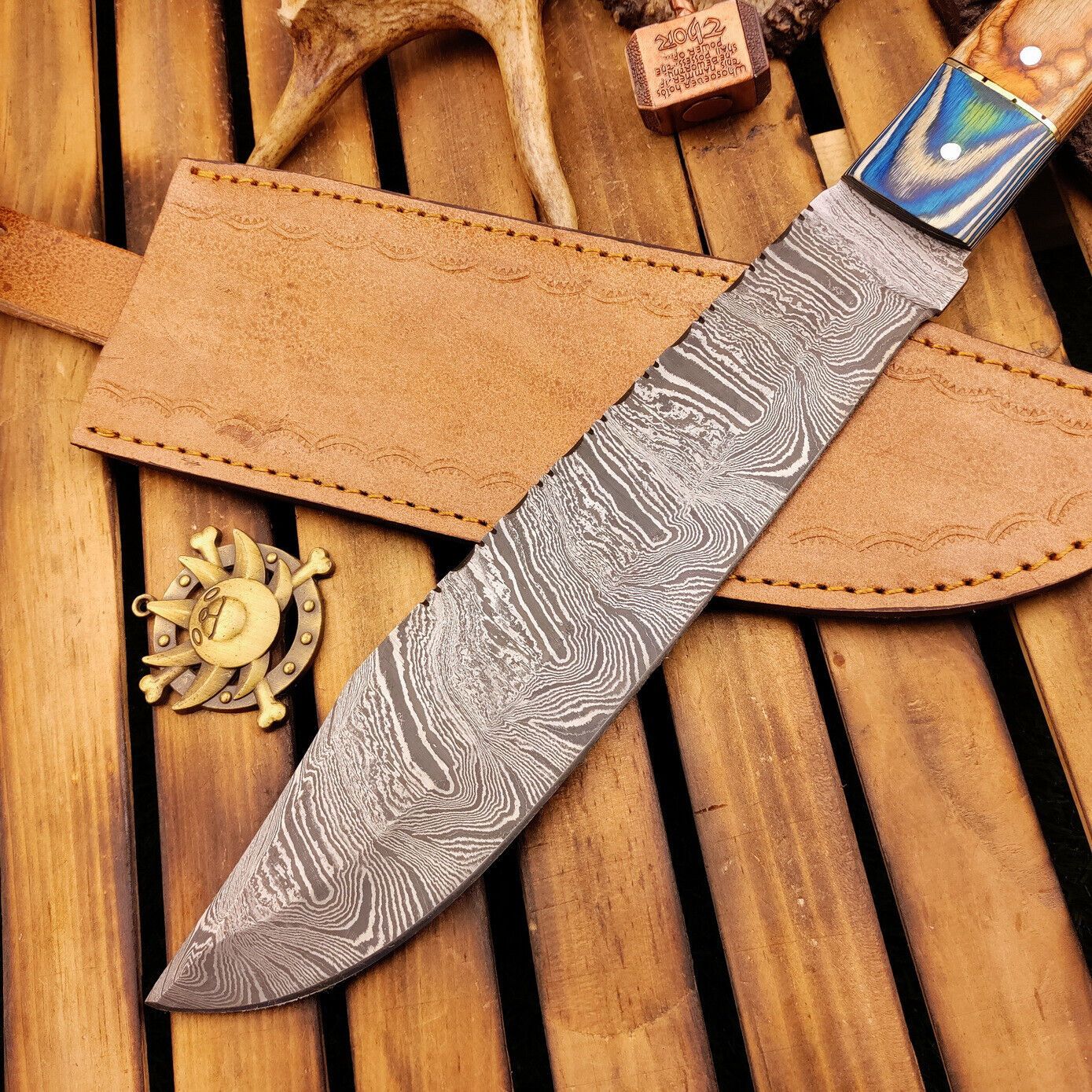 15 Inch Full Tang Handmade Damascus Steel Hunting Bowie Knife with Wooden Handle