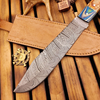 15 Inch Full Tang Handmade Damascus Steel Hunting Bowie Knife with Wooden Handle