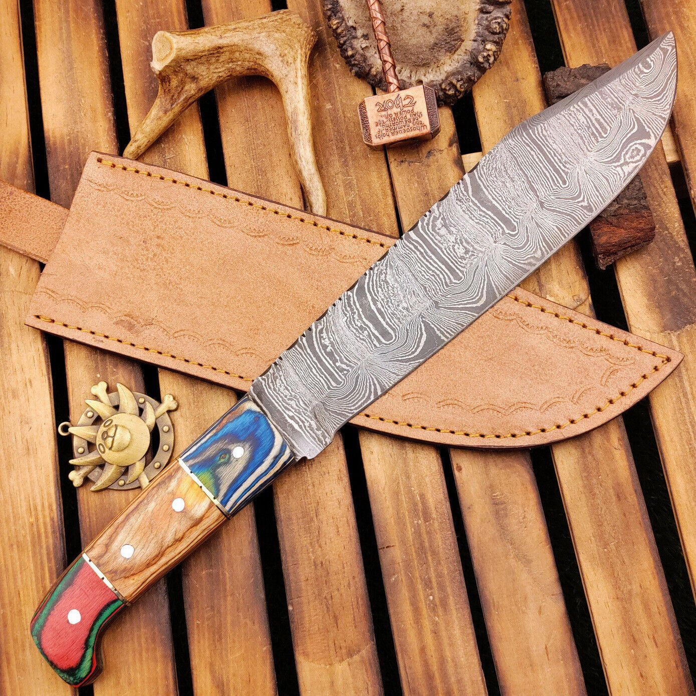 15 Inch Full Tang Handmade Damascus Steel Hunting Bowie Knife with Wooden Handle