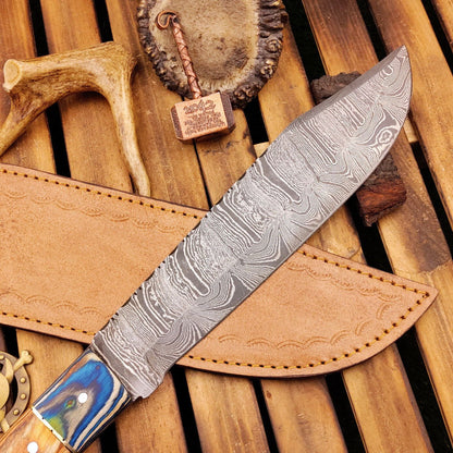 15 Inch Full Tang Handmade Damascus Steel Hunting Bowie Knife with Wooden Handle