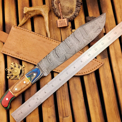 15 Inch Full Tang Handmade Damascus Steel Hunting Bowie Knife with Wooden Handle