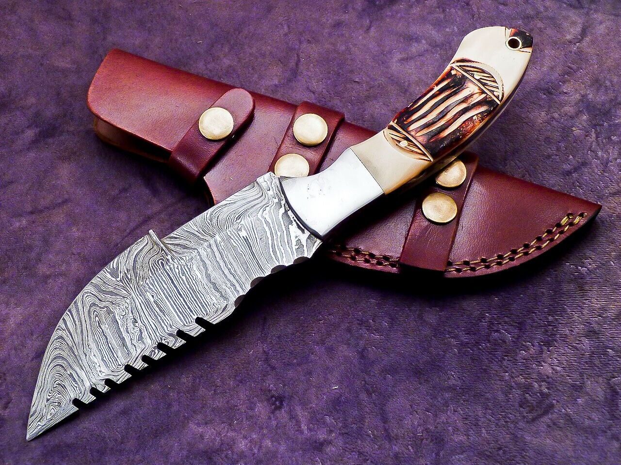 Heritage Forge 9.5 Inch Damascus Steel Tracker Knife with Engraved Stag Handle