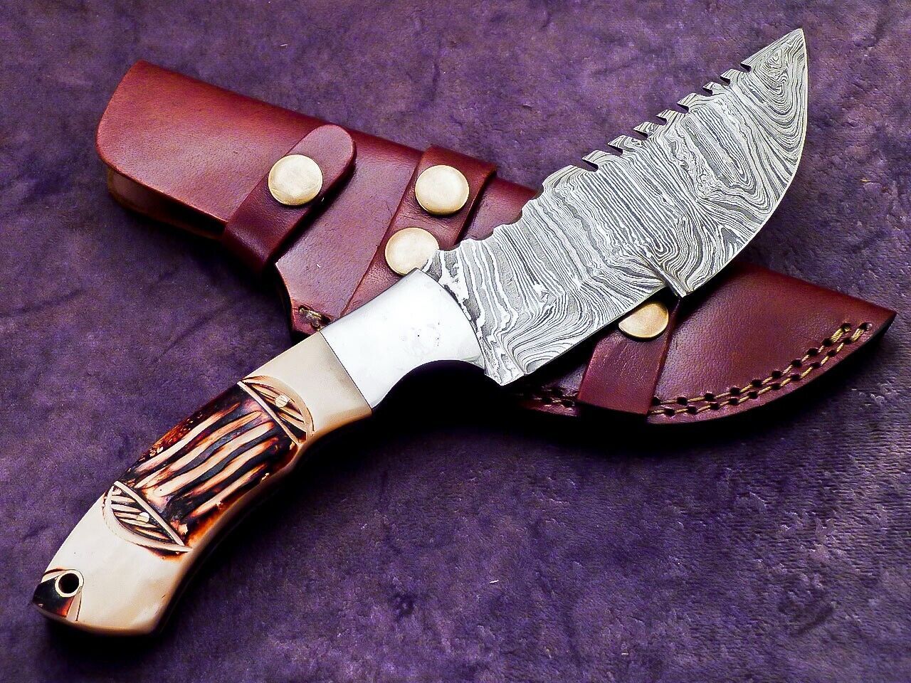 Heritage Forge 9.5 Inch Damascus Steel Tracker Knife with Engraved Stag Handle