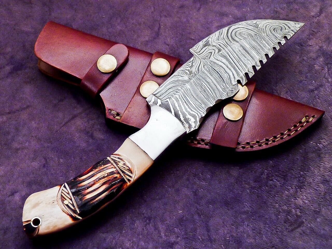 Heritage Forge 9.5 Inch Damascus Steel Tracker Knife with Engraved Stag Handle