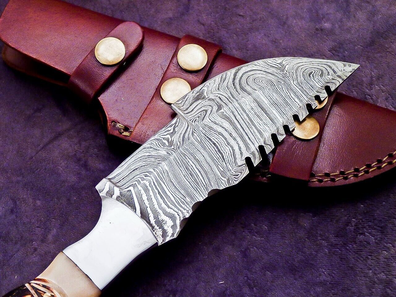 Heritage Forge 9.5 Inch Damascus Steel Tracker Knife with Engraved Stag Handle