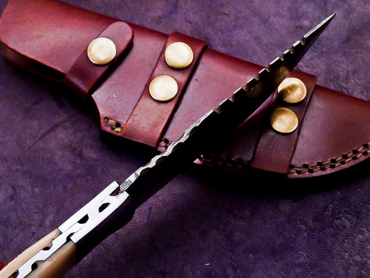 Heritage Forge 9.5 Inch Damascus Steel Tracker Knife with Engraved Stag Handle
