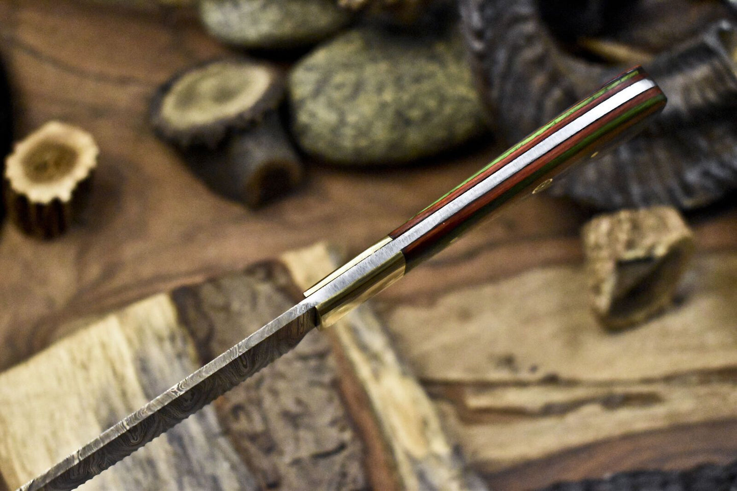 Hand Crafted Chef Knife – Twist Damascus Steel Blade with Hardwood Handle & Brass Bolster, Tactical Design