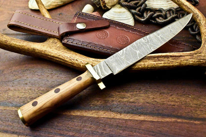 11.5" Handmade Damascus Bowie Knife – Walnut Wood Handle & Leather Sheath