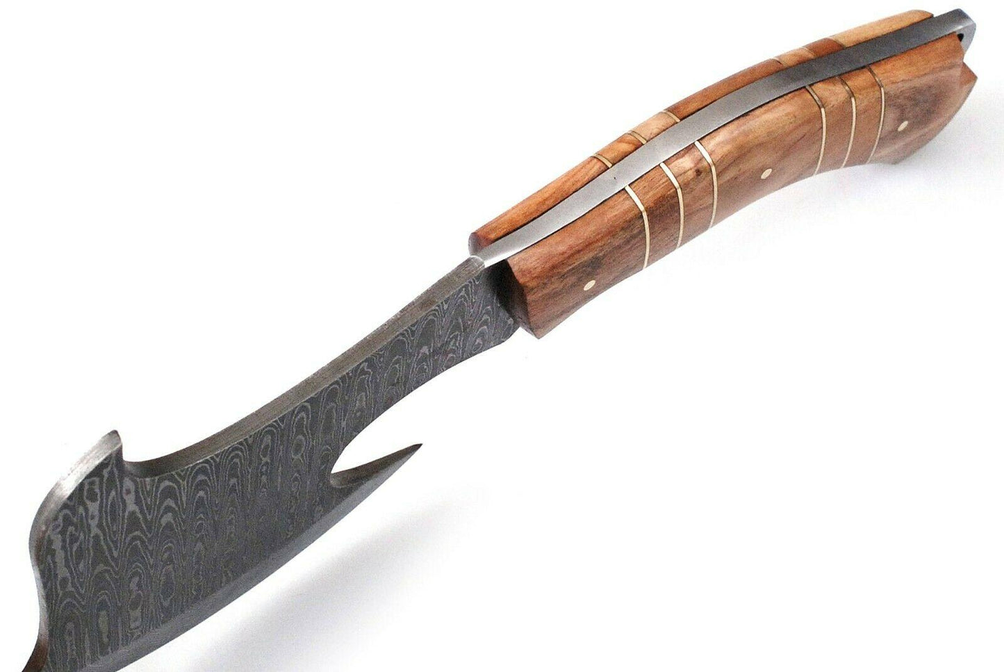 Handmade Damascus Steel Mini Axe – Hunting and Camping Knife with Olive Wood Handle and Leather Sheath