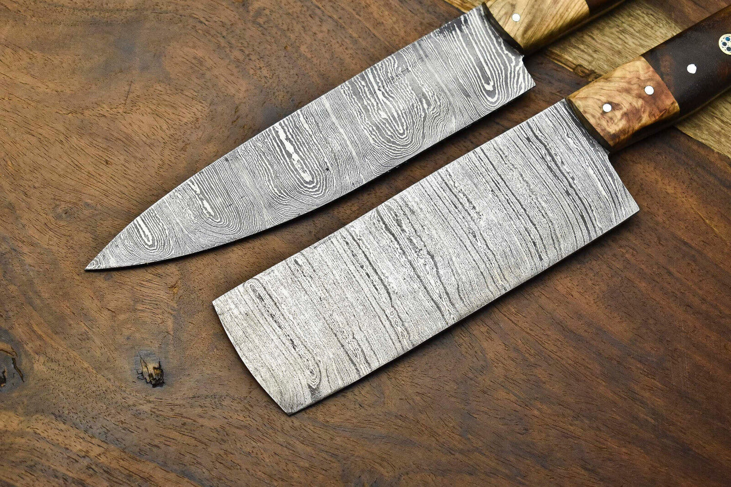 Lot of 2 Handmade Damascus Steel Chef Knife Set – Forged Kitchen Knives