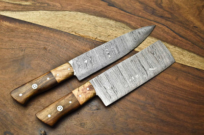 Lot of 2 Handmade Damascus Steel Chef Knife Set – Forged Kitchen Knives