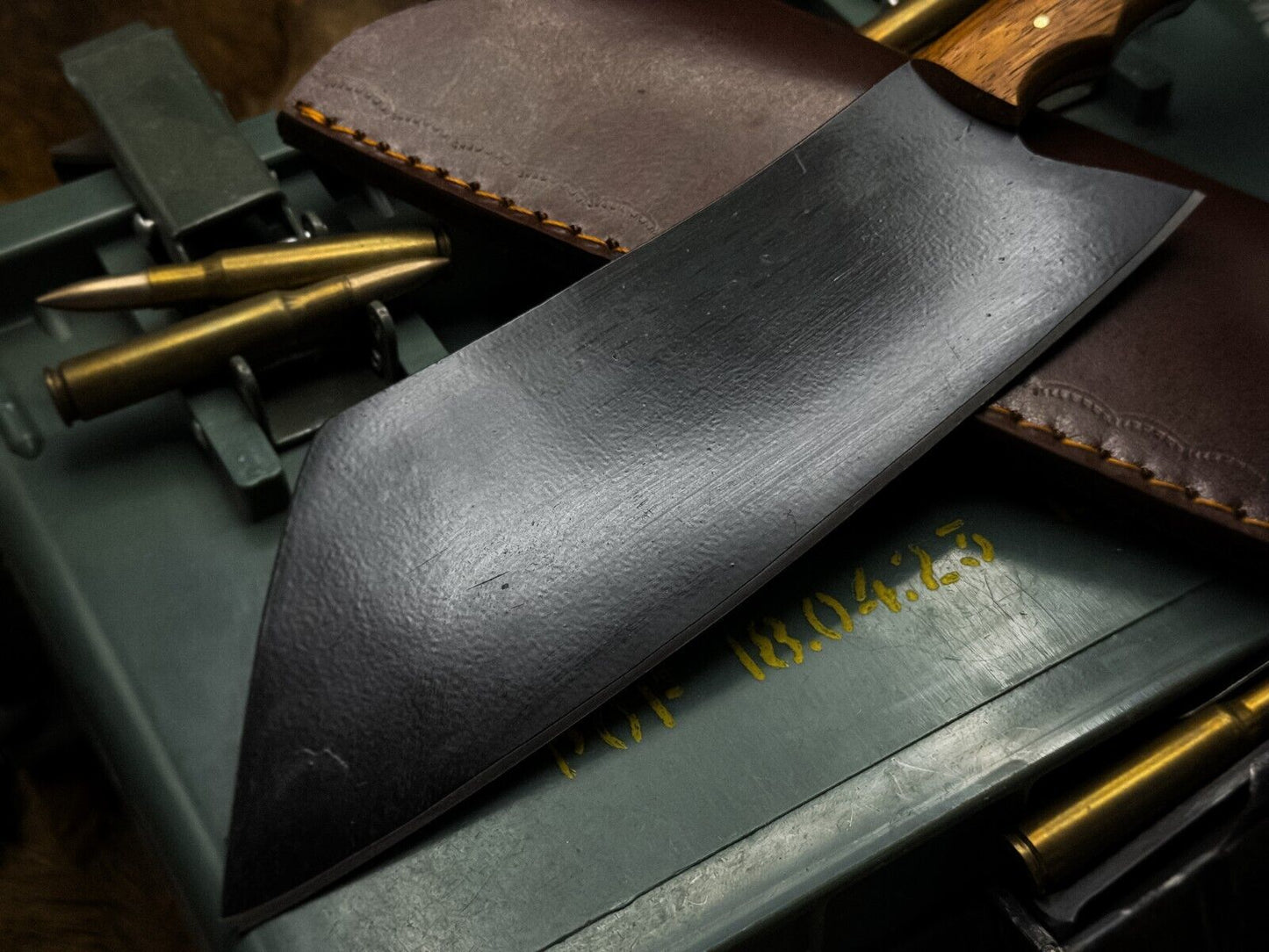 Handmade J2 Steel Cleaver Chef Knife – Powder Coated Blade, Horn Handle, Leather Sheath