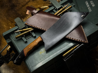 Handmade J2 Steel Cleaver Chef Knife – Powder Coated Blade, Horn Handle, Leather Sheath