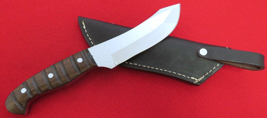 9.25" Buffalo Skinner Knife – 5" Upswept Stainless Blade, Carved Hardwood Handle, Leather Sheath
