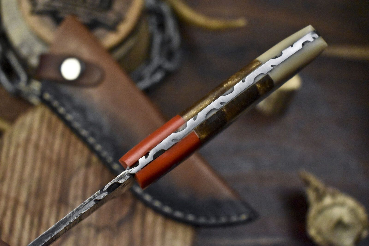 9" Twist Damascus Skinner Knife Corian Handle Custom Forged Camping Tool