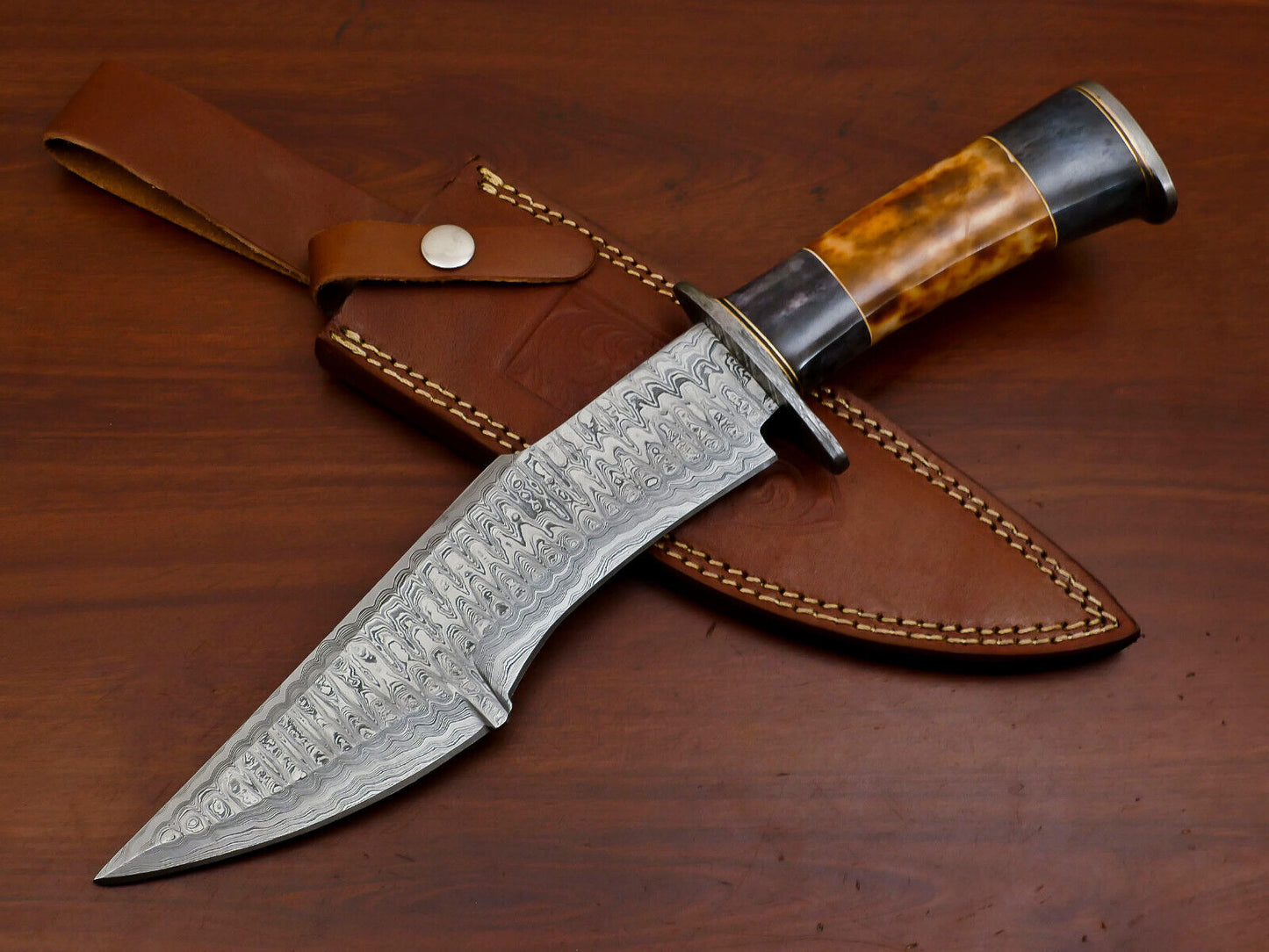 Heritage Forge 13" Custom Damascus Bowie Knife with Stained Camel Bone Handle