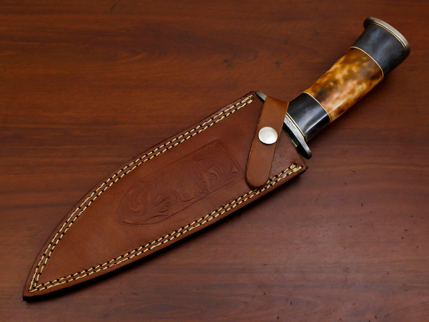Heritage Forge 13" Custom Damascus Bowie Knife with Stained Camel Bone Handle