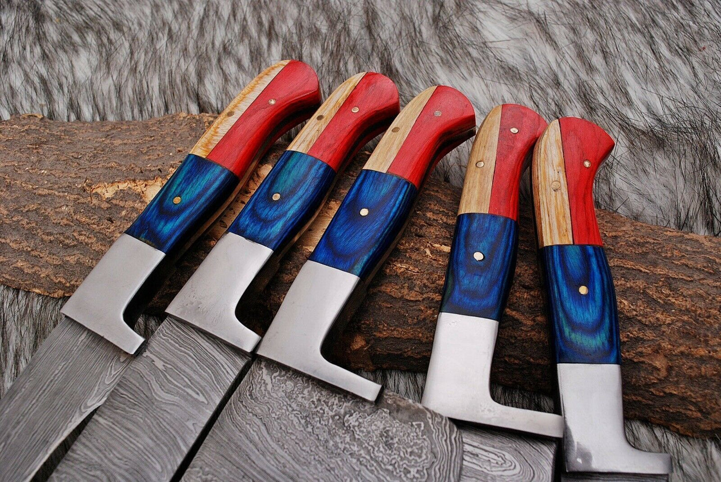 Custom Handmade Damascus Steel Chef Knife Set – 5-Piece Kitchen Collection with American Flag Color Handles and Leather Sheath