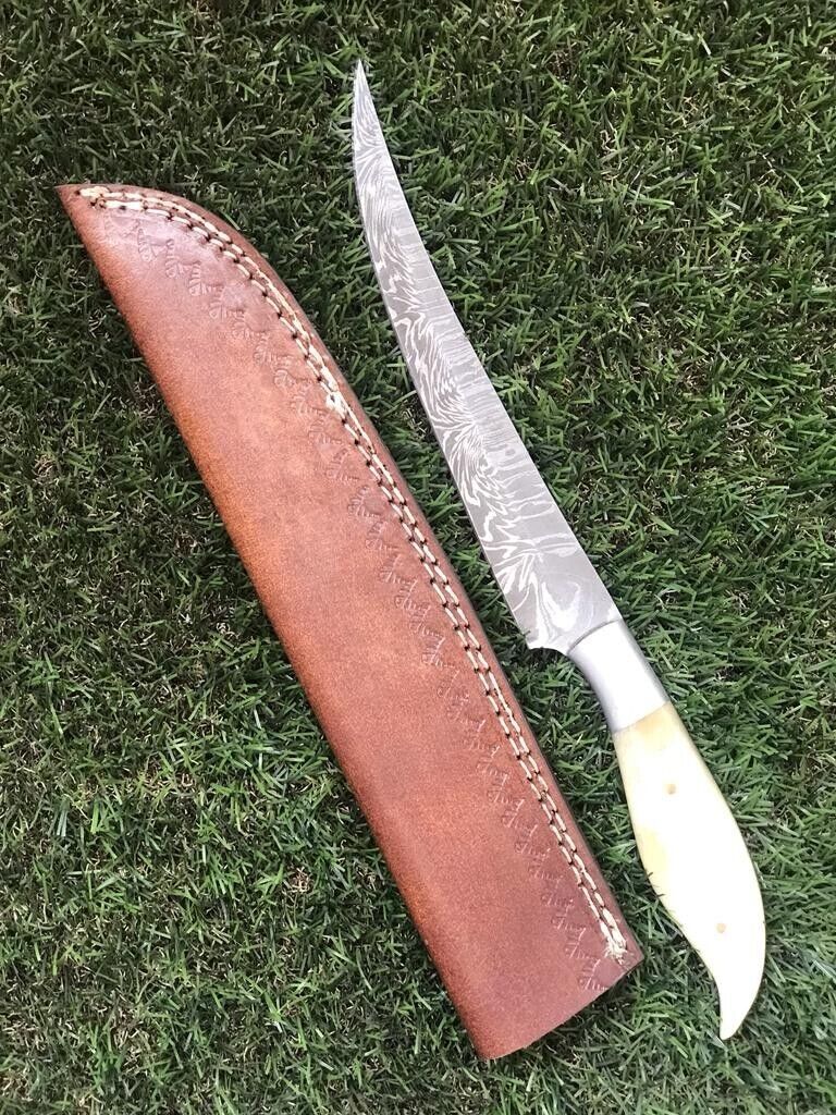 11.5" Custom Handmade Twist Damascus Steel Fillet Knife Damascus Fillet Knife With Sheath