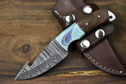 Custom Gut Hook Skinner Knife Twist Damascus Walnut Wood Micarta Guard with Sheath