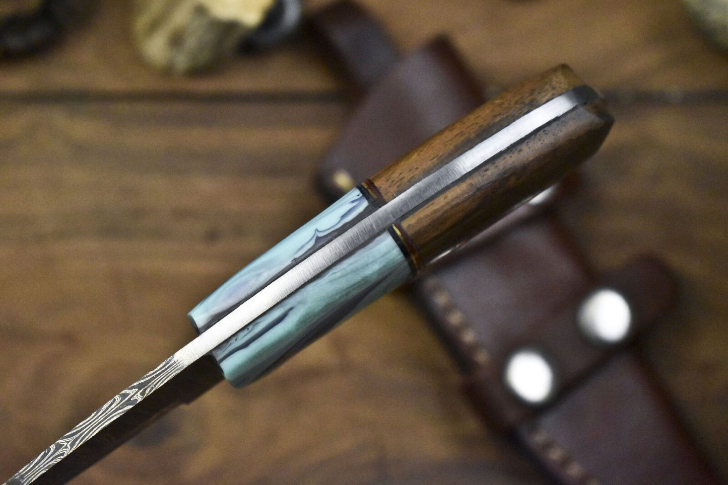 Custom Gut Hook Skinner Knife Twist Damascus Walnut Wood Micarta Guard with Sheath