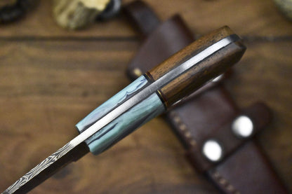 Custom Gut Hook Skinner Knife Twist Damascus Walnut Wood Micarta Guard with Sheath