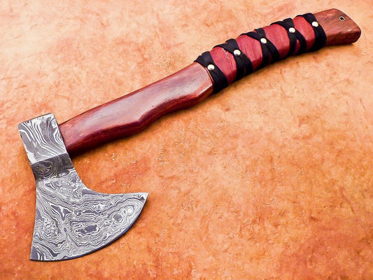 Handmade Damascus Steel Axe 17-Inch with Natural Wood Handle and Leather Sheath