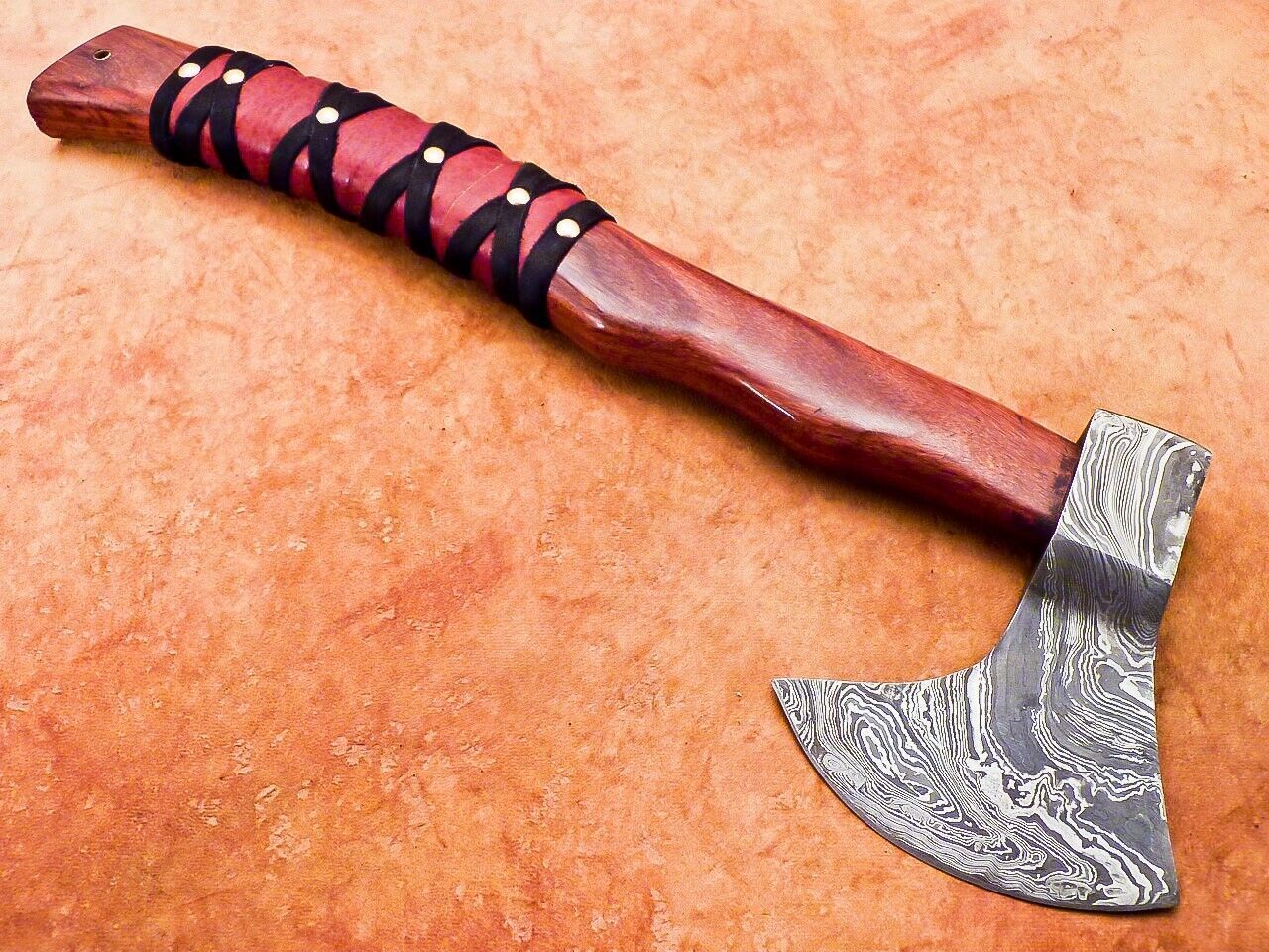 Handmade Damascus Steel Axe 17-Inch with Natural Wood Handle and Leather Sheath