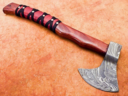 Handmade Damascus Steel Axe 17-Inch with Natural Wood Handle and Leather Sheath
