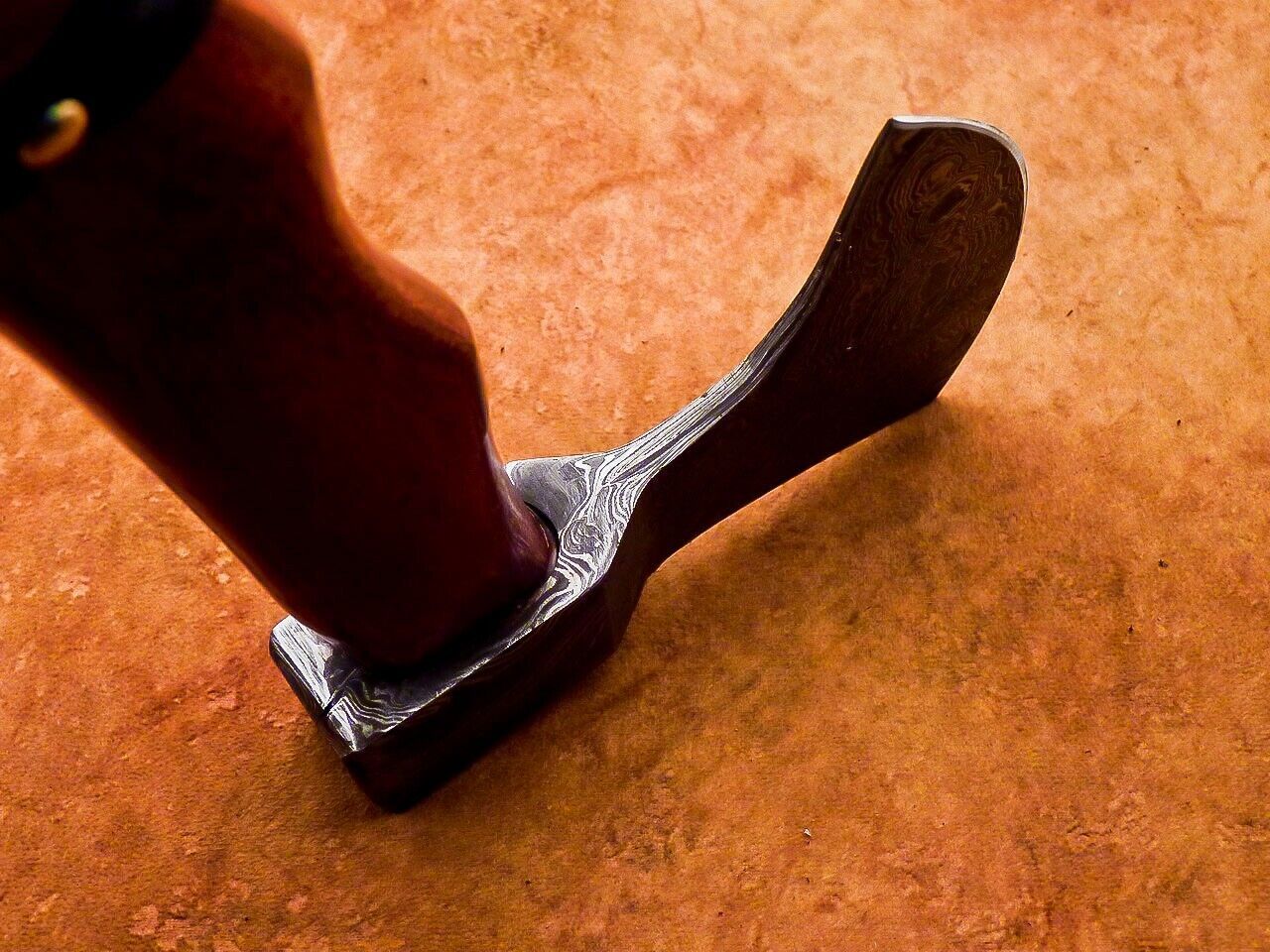 Handmade Damascus Steel Axe 17-Inch with Natural Wood Handle and Leather Sheath