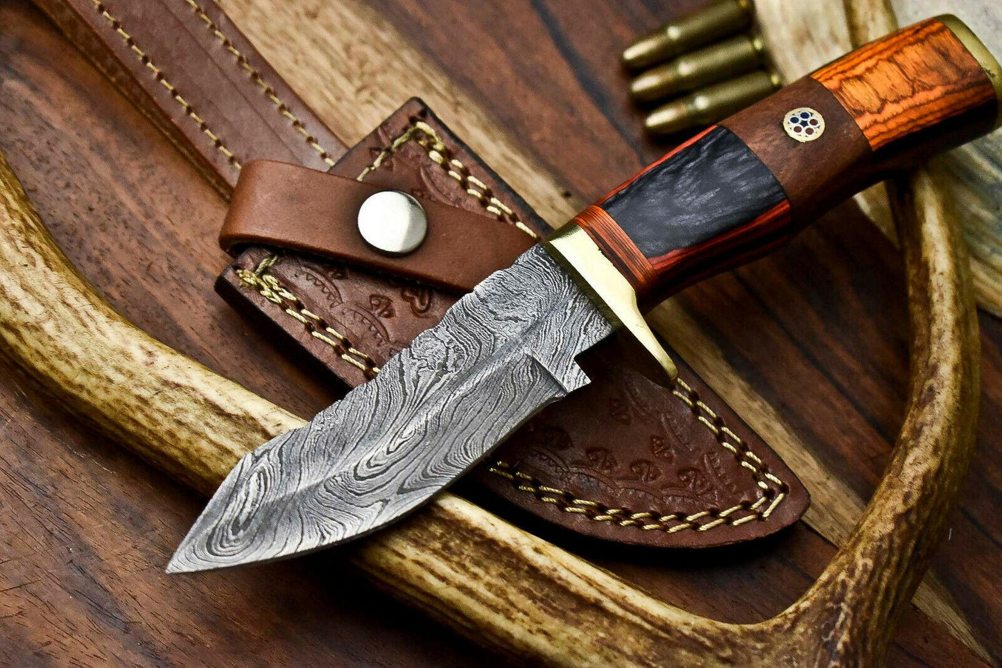 8 Inch Custom Damascus Hunting Knife with Hardwood Handle