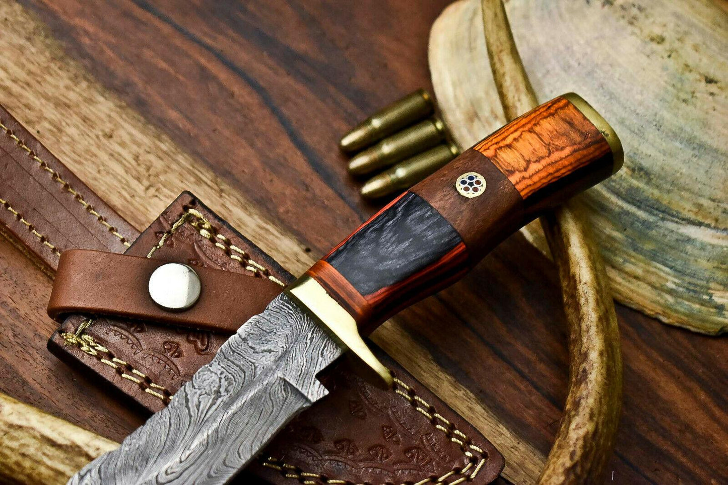 8 Inch Custom Damascus Hunting Knife with Hardwood Handle