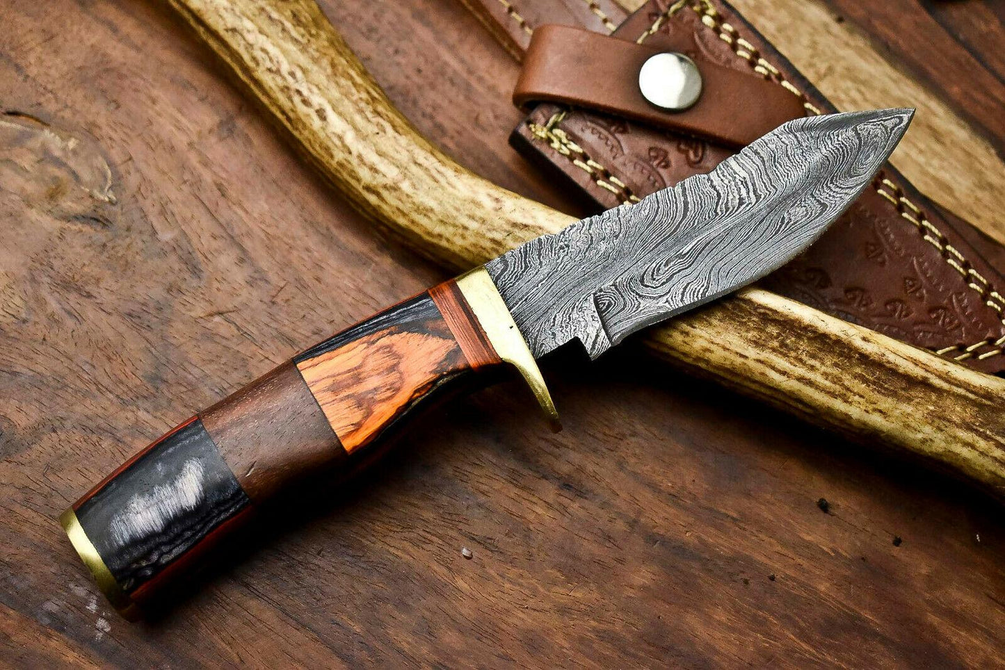 8 Inch Custom Damascus Hunting Knife with Hardwood Handle