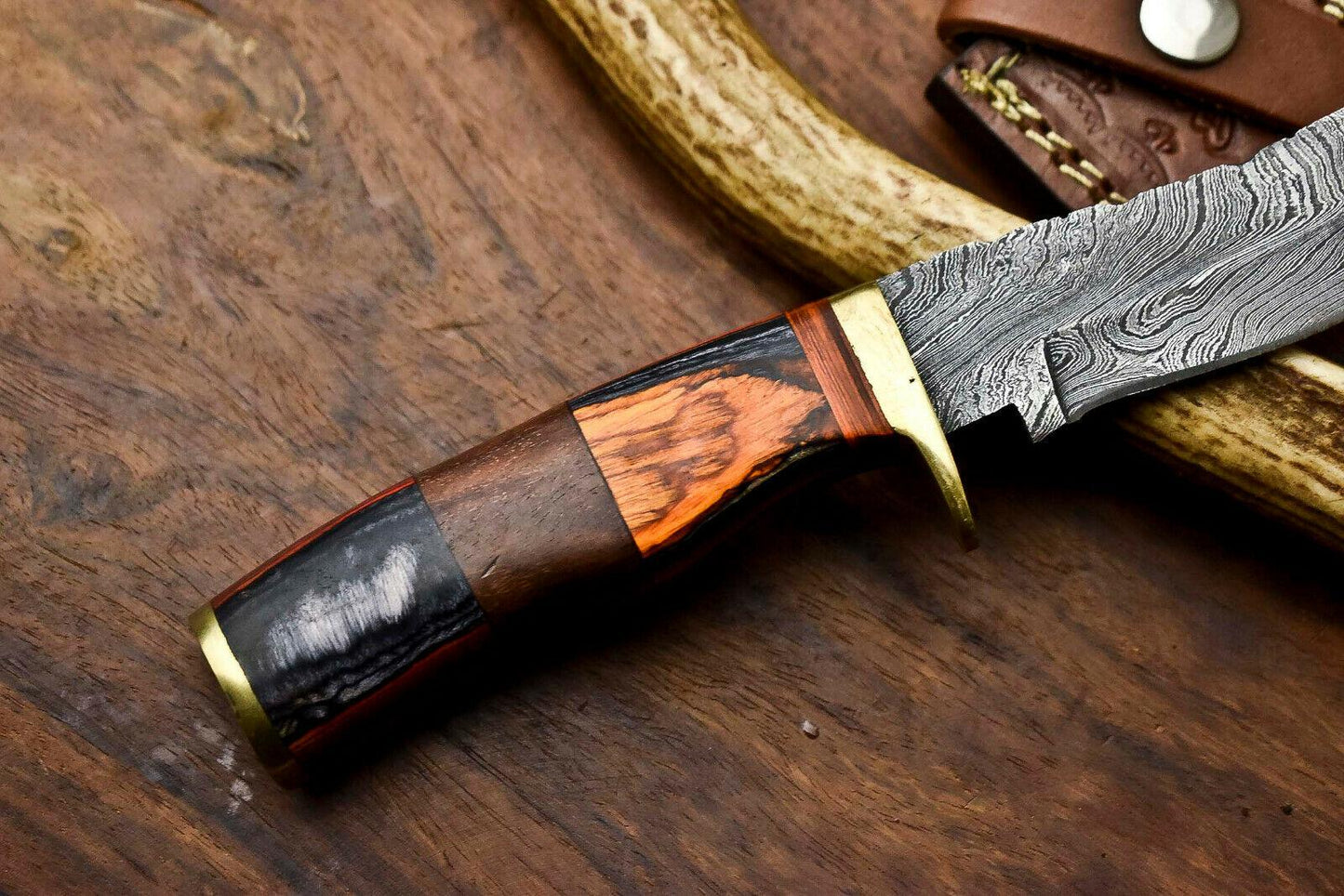8 Inch Custom Damascus Hunting Knife with Hardwood Handle