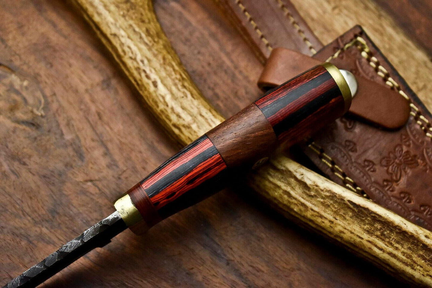 8 Inch Custom Damascus Hunting Knife with Hardwood Handle