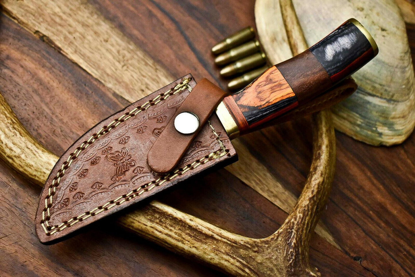 8 Inch Custom Damascus Hunting Knife with Hardwood Handle