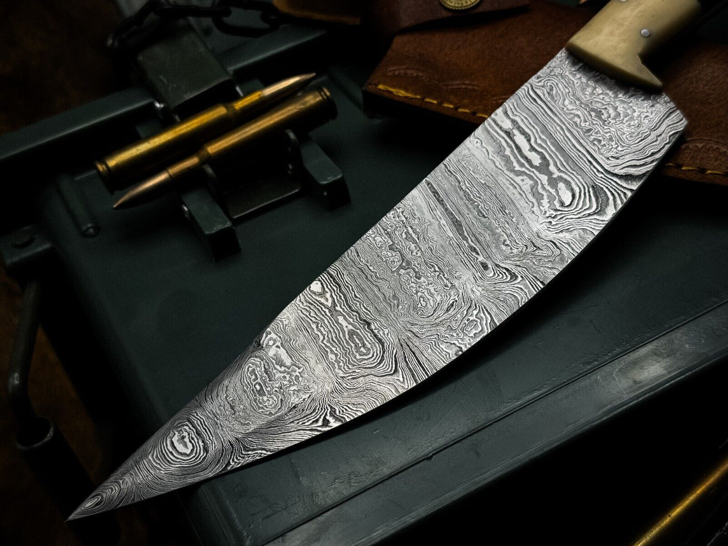 Handmade Damascus Steel Chef Knife with Resin Handle & Cow Leather Sheath