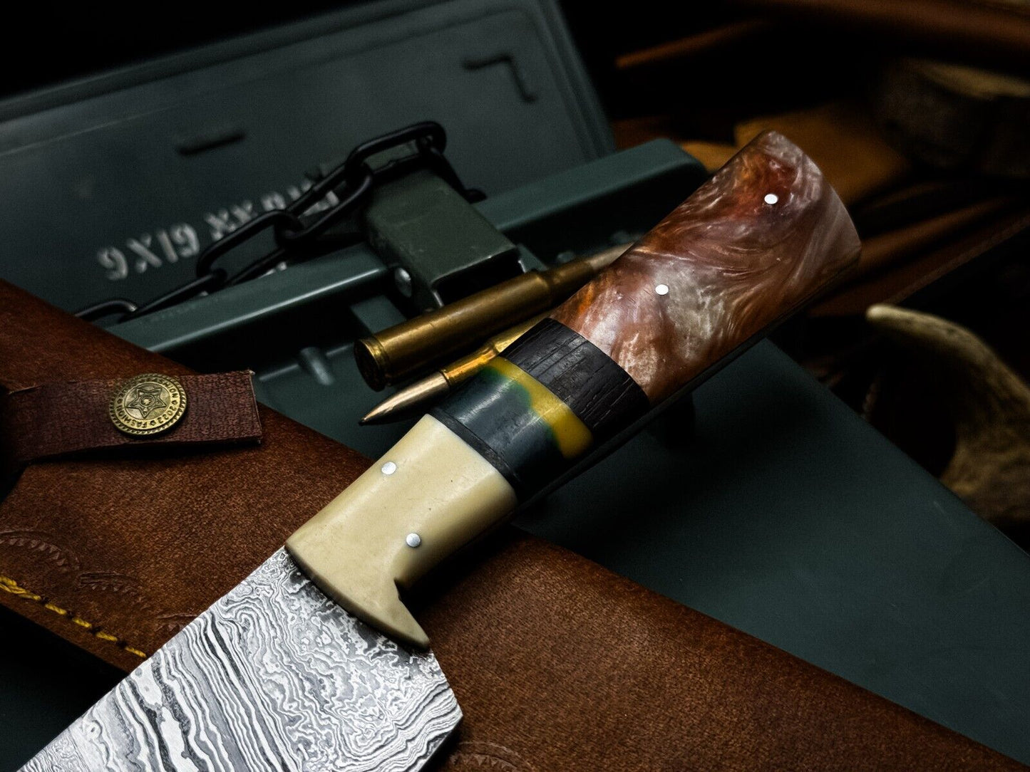 Handmade Damascus Steel Chef Knife with Resin Handle & Cow Leather Sheath