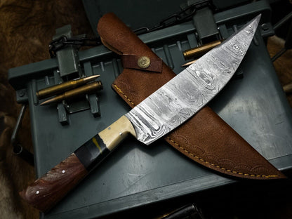 Handmade Damascus Steel Chef Knife with Resin Handle & Cow Leather Sheath