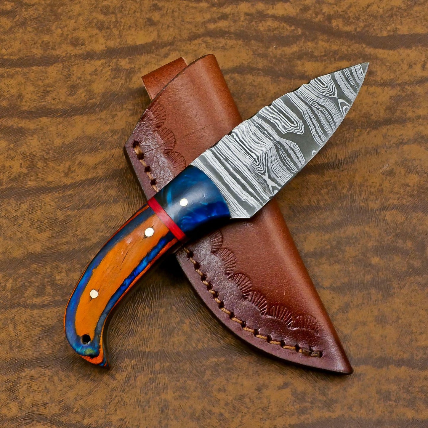 Handmade Damascus Skinner Hunting Knife – Custom Resin Wood Handle Fixed Blade EDC Knife