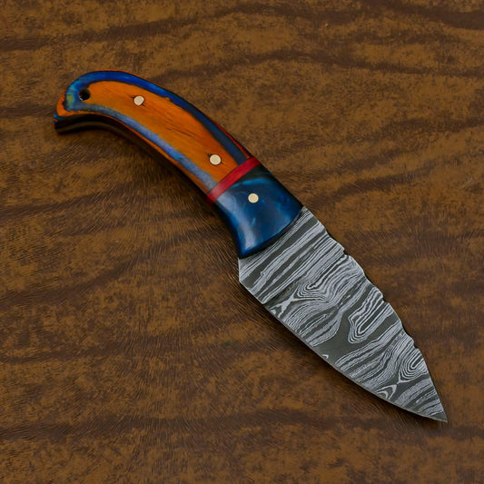 Handmade Damascus Skinner Hunting Knife – Custom Resin Wood Handle Fixed Blade EDC Knife
