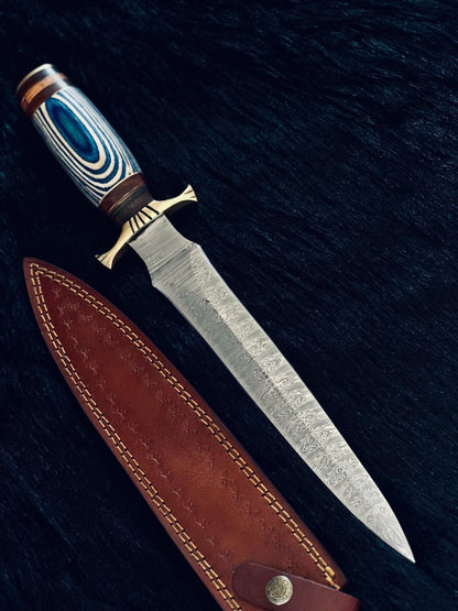 Heritage Forge 15.5 Inch Fire Damascus Hunting Dagger with Camel Bone and Wood Handle