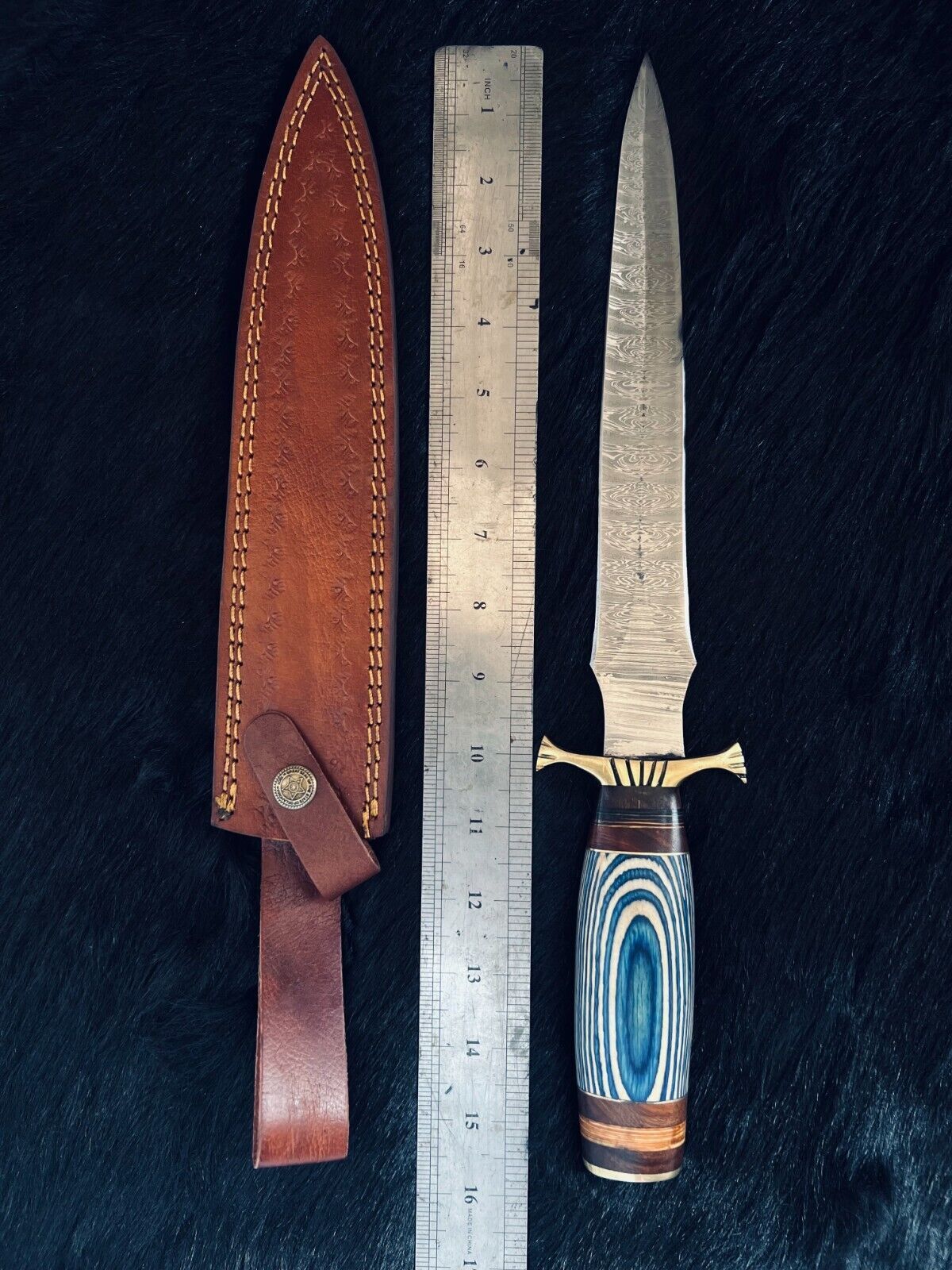 Heritage Forge 15.5 Inch Fire Damascus Hunting Dagger with Camel Bone and Wood Handle