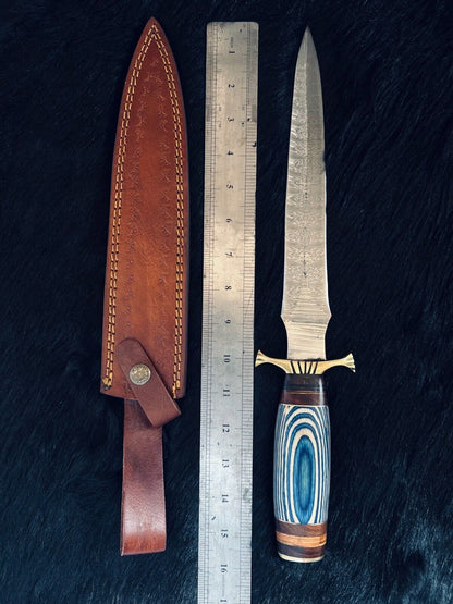 Heritage Forge 15.5 Inch Fire Damascus Hunting Dagger with Camel Bone and Wood Handle