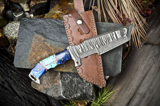 12.5" Handmade Damascus Tracker Knife – Twist Pattern Blade, Micarta Handle, Hunting & Bushcraft