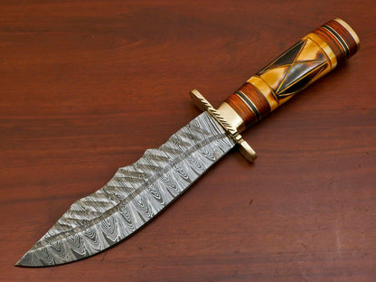 12" Handmade Damascus Steel Bowie Hunting Knife – Bone and Wood Handle with Sheath