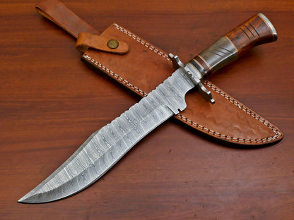 15" Damascus Bowie Knife – Camel Bone & Rosewood Handle with Forged Guard