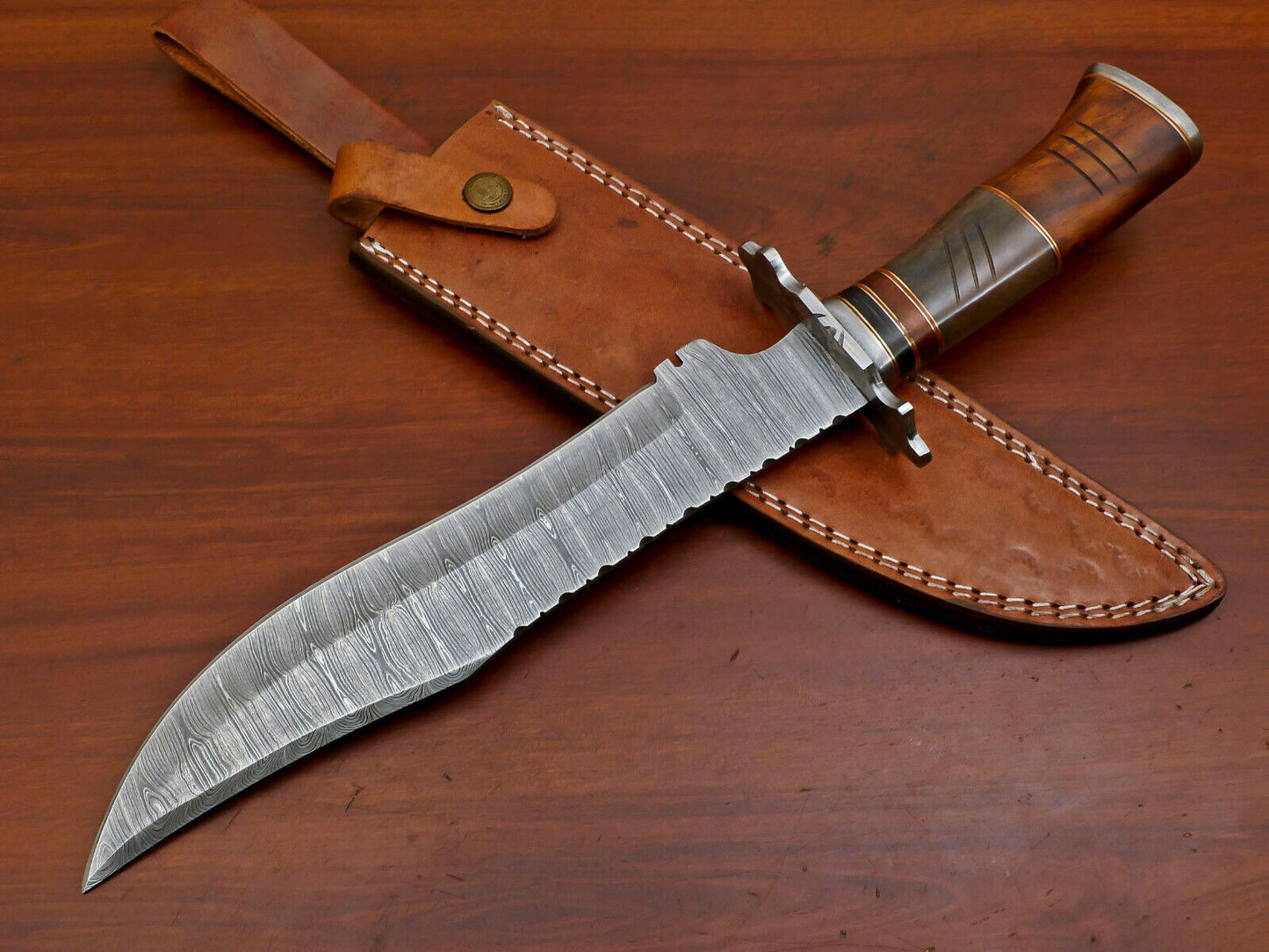 15" Damascus Bowie Knife – Camel Bone & Rosewood Handle with Forged Guard