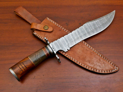 15" Damascus Bowie Knife – Camel Bone & Rosewood Handle with Forged Guard