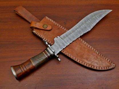 15" Damascus Bowie Knife – Camel Bone & Rosewood Handle with Forged Guard